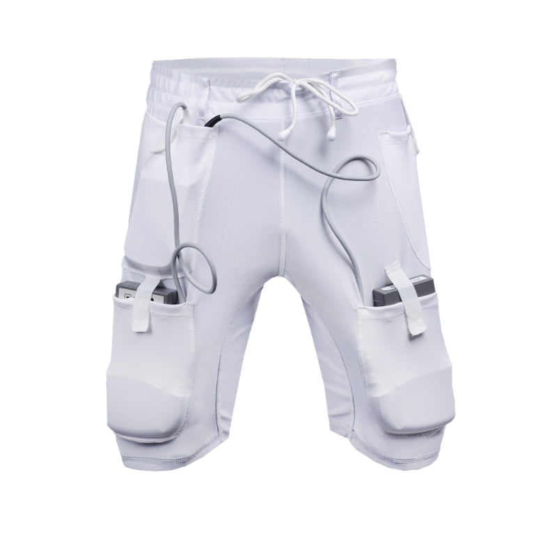 Unisex White LVAD Medical Shorts with spandex fabric, secure battery pockets, and discreet fit for both HeartMate 2 & 3.